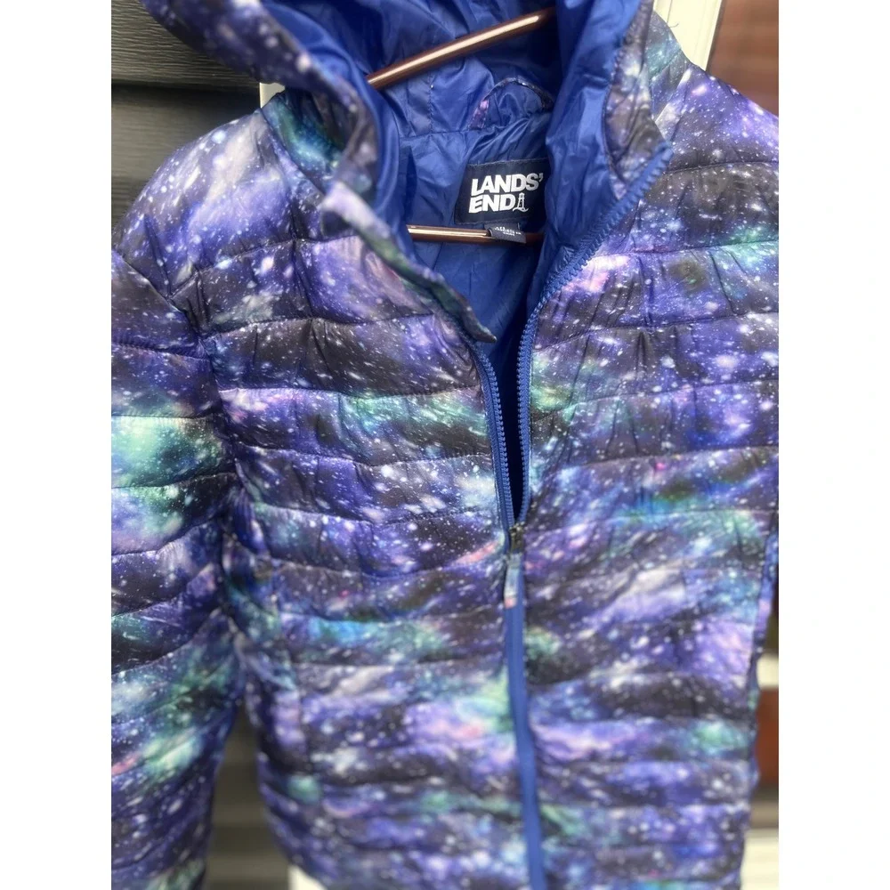 Lands End Galaxy Print Hooded Puffer Jacket Kids XL 14-16 Purple Blue Star Coat